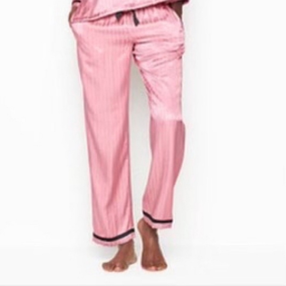 VS Satin Long Sleeve Button Up Pajama Set Black V Embroidery & Pink Pinstripe - Picture 7 of 10
